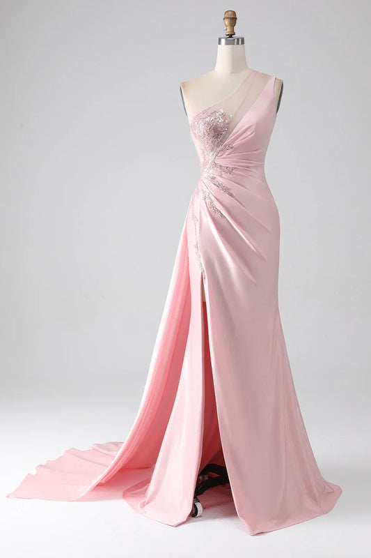 Mermaid One-Shoulder Ruched Sequins Beaded Pink Maxi Prom Dress With Streamer