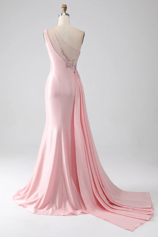 Mermaid One-Shoulder Ruched Sequins Beaded Pink Maxi Prom Dress With Streamer