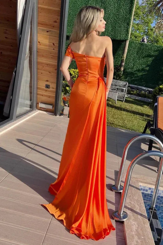 Mermaid One Shoulder Beaded Pleated Orange Train Prom Dress With Streamer