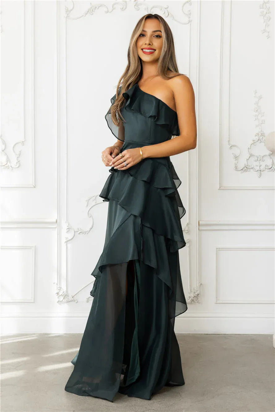 Mermaid One Shoulder Ruffle Hunter Green Floor Length Prom Dress With Slit