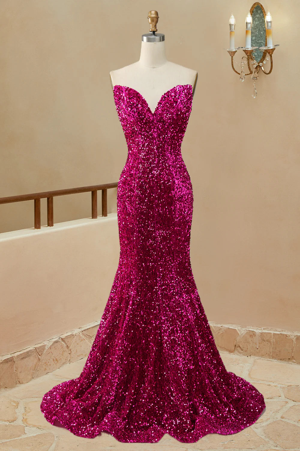 DingJiDress Prom Dresses Mermaid Sequins Strapless Sweep Train