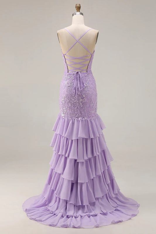 Mermaid Spaghetti Strap Appliqued Tiered Ruffle Lilac Maxi Prom Dress With Slit