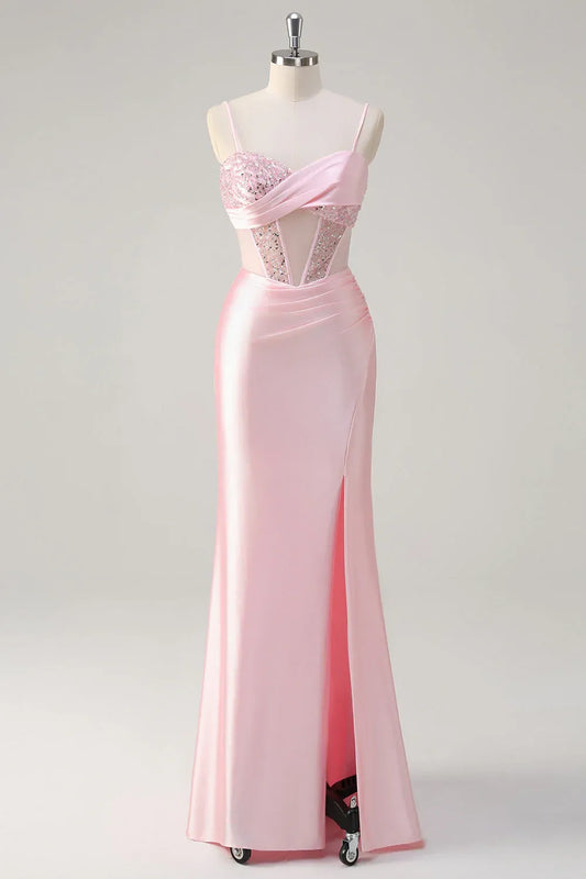 Mermaid Spaghetti Strap Corset Ruched Sequin Beaded Pink Maxi Prom Dress