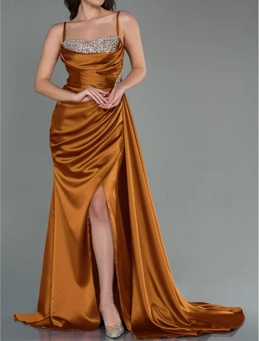 Mermaid Spaghetti Strap Ruched Beaded Satin Copper Maxi Prom Dress With Slit