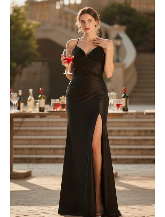 Mermaid Spaghetti Strap Ruched Satin Black Maxi Prom Dress With Slit