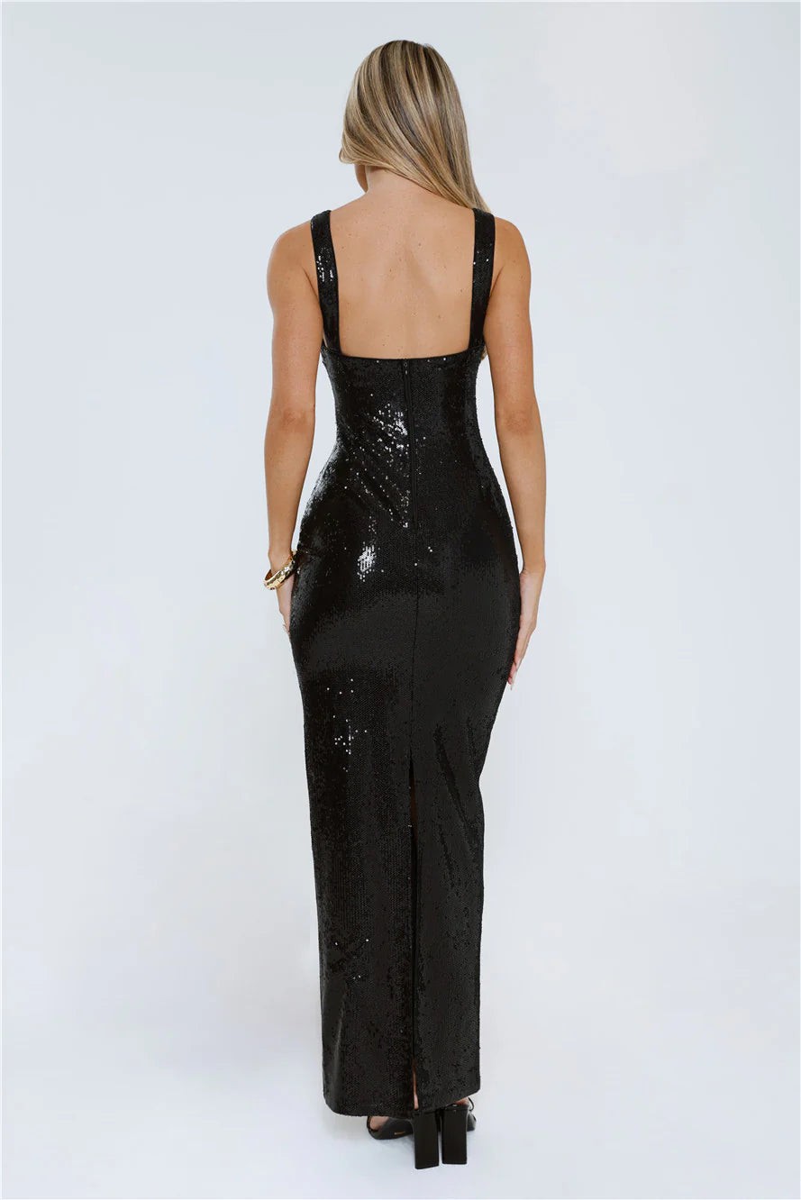 Mermaid Square Neck Cutout Sequin Black Maxi Prom Dress With Back Slit