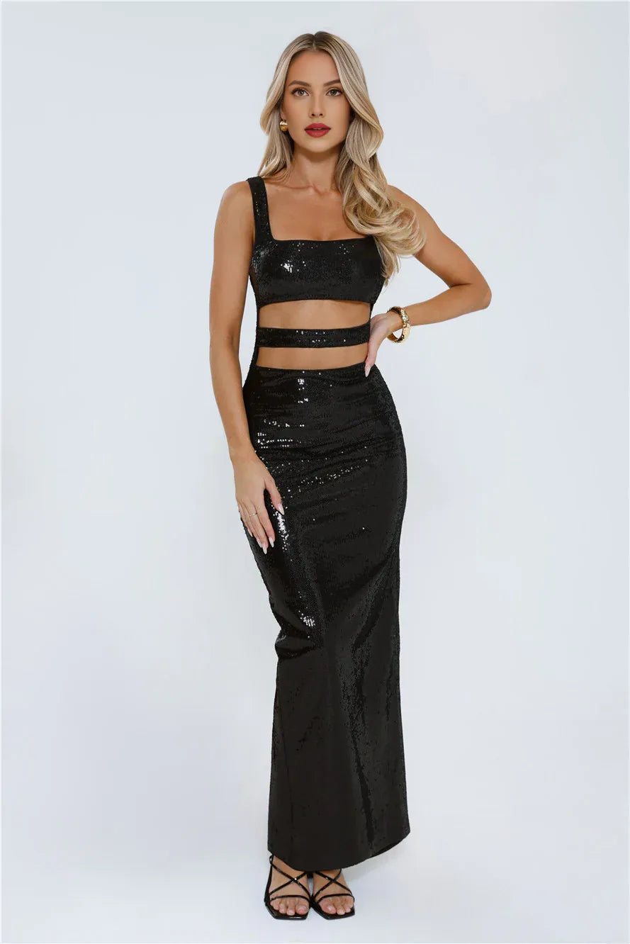 Mermaid Square Neck Cutout Sequin Black Maxi Prom Dress With Back Slit