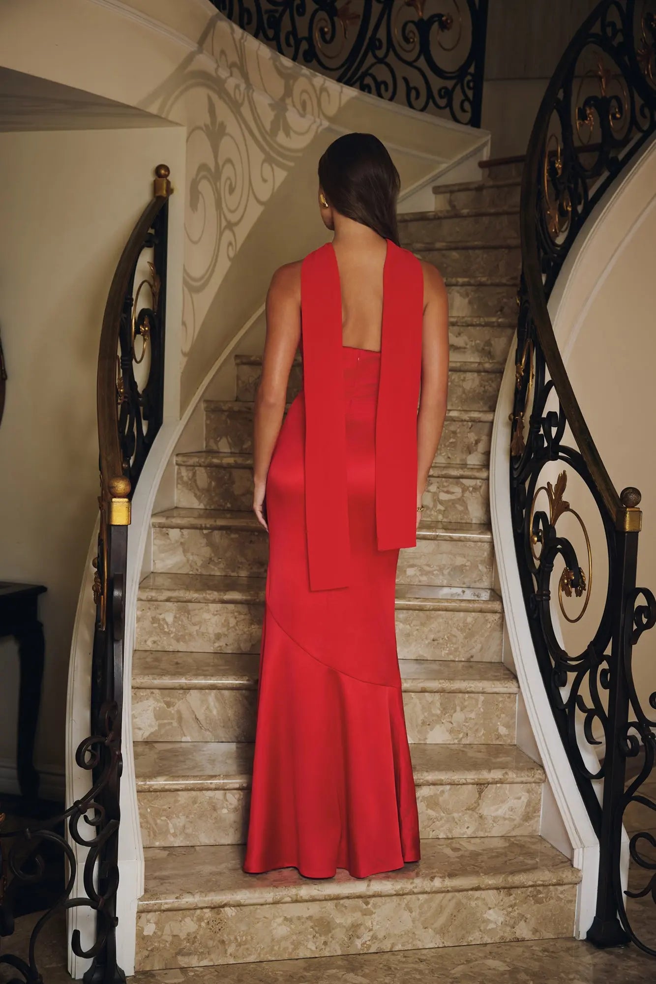 Mermaid Strapless Applique Satin Red Floor Length Prom Dress With Streamer