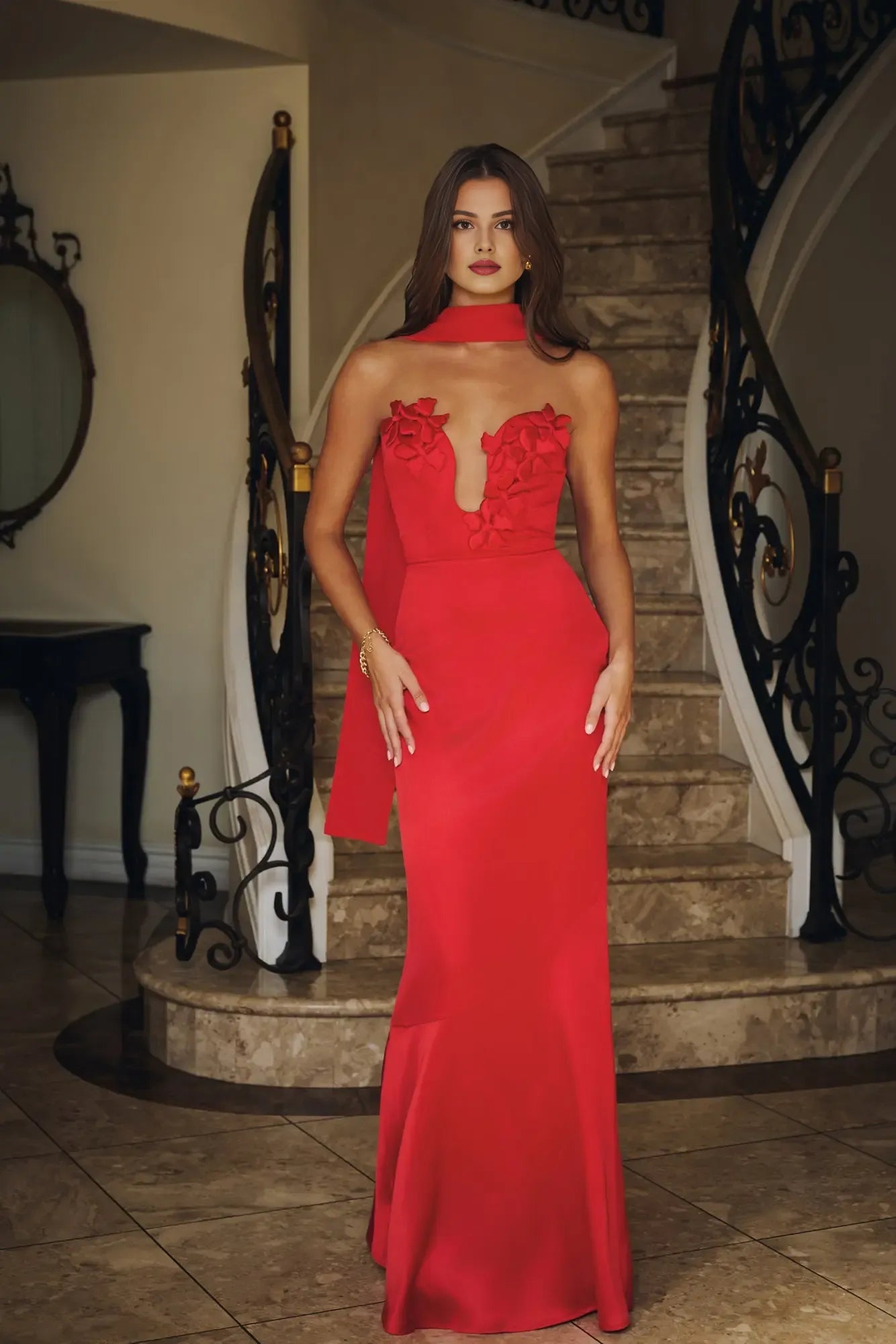 Mermaid Strapless Applique Satin Red Floor Length Prom Dress With Streamer