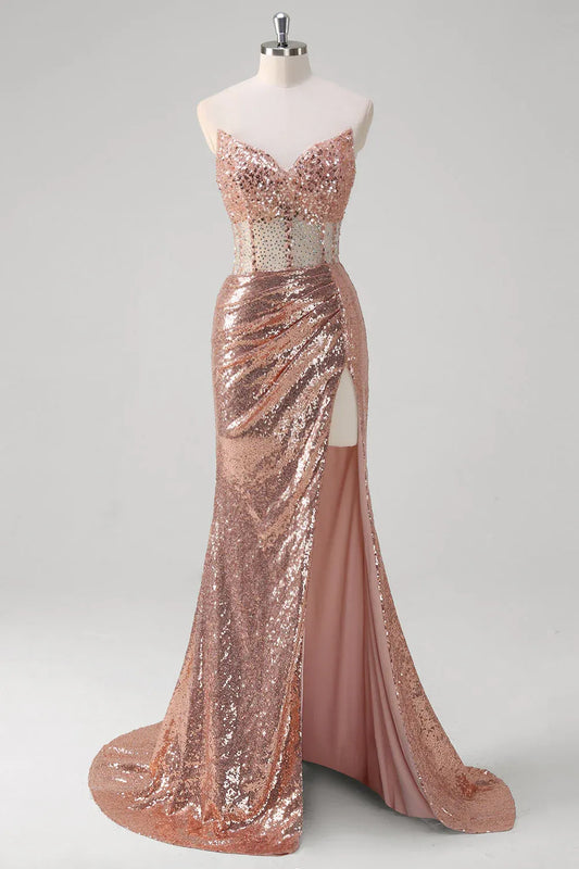 Mermaid Strapless Corset Ruched Beaded Sequin Rose Gold Long Prom Dress