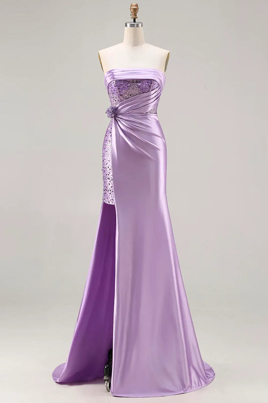 Mermaid Strapless Corset Ruched Sequin Lavender Prom Dress With Slit