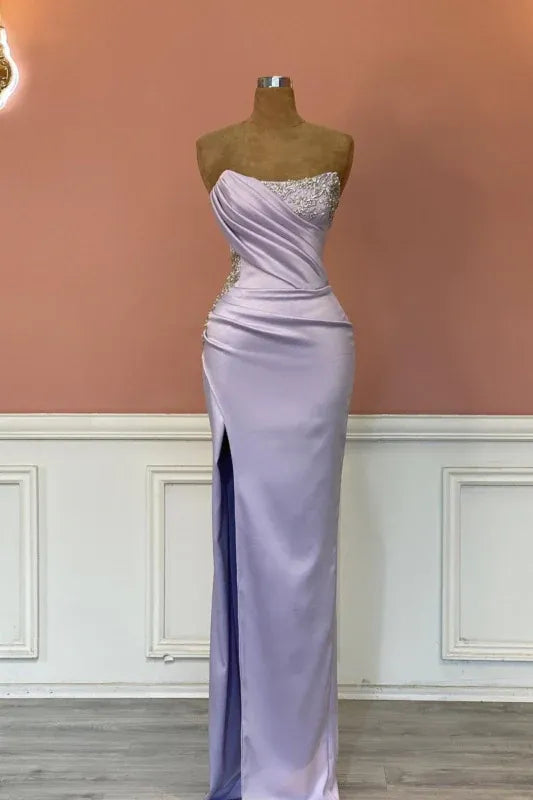 Mermaid Strapless Ruched Beaded Lavender Maxi Prom Dress Hot Sale
