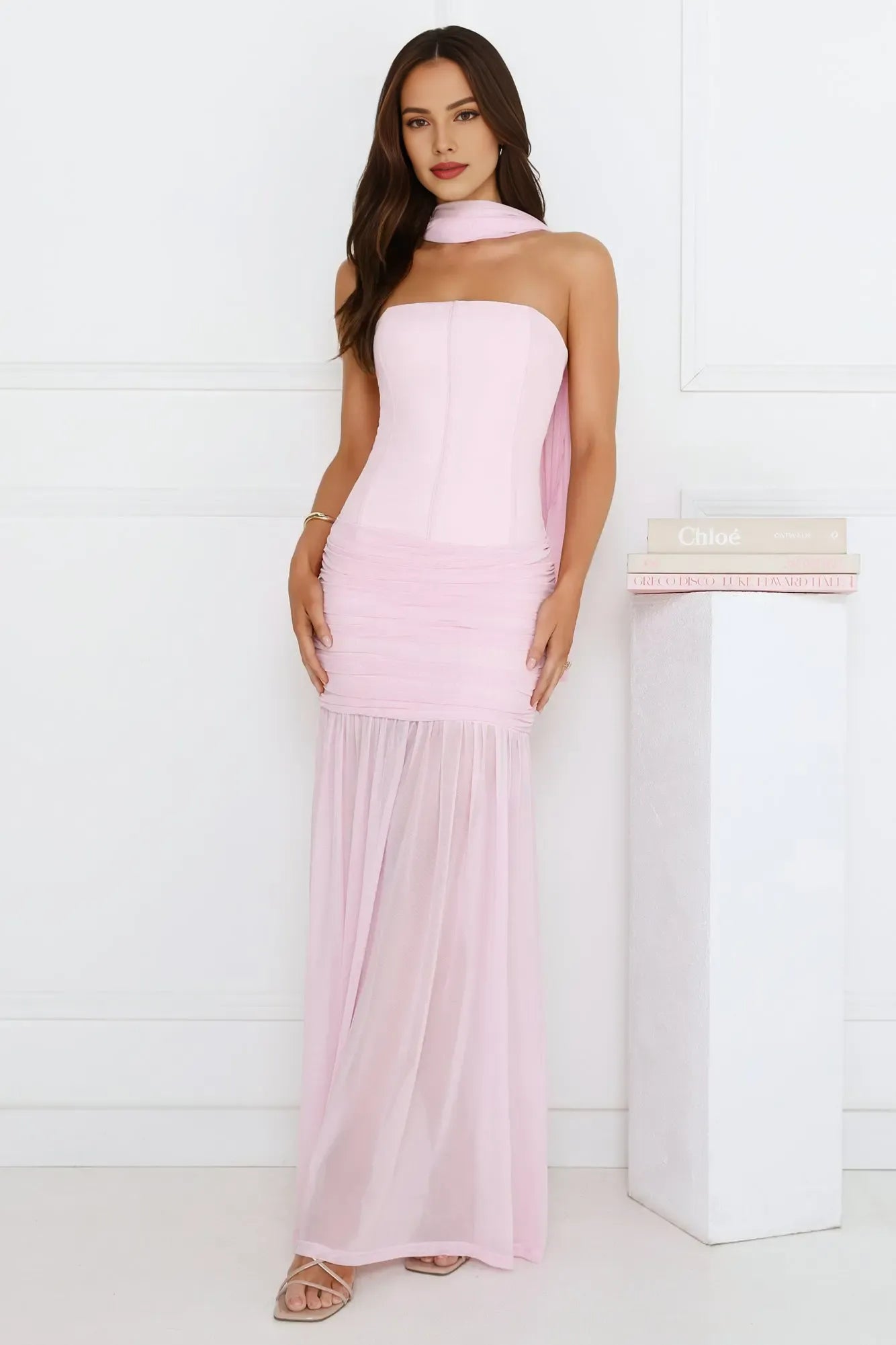 Mermaid Strapless Sleeveless Ruched Chiffon Pink Maxi Evening Dress With Streamer