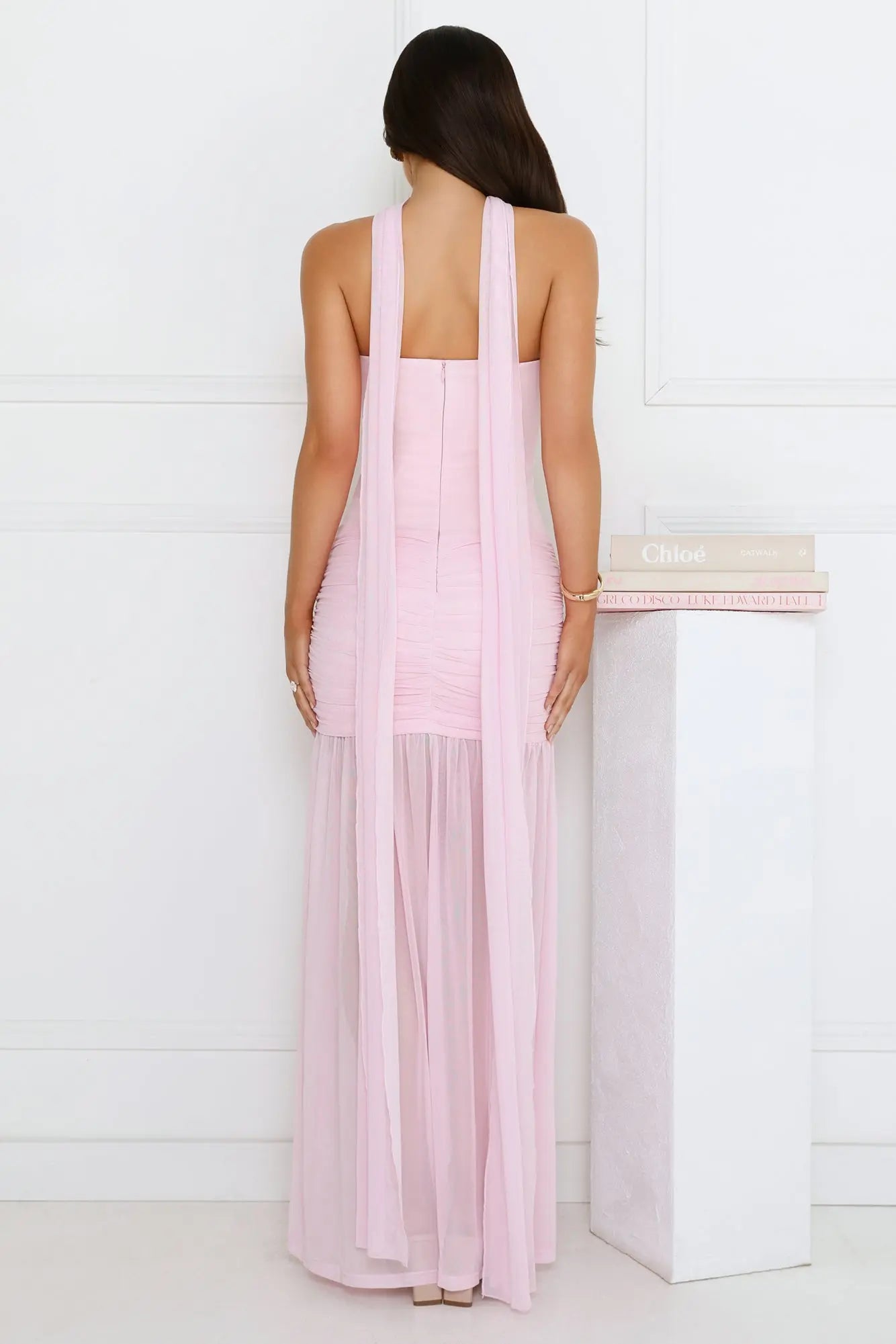 Mermaid Strapless Sleeveless Ruched Chiffon Pink Maxi Evening Dress With Streamer
