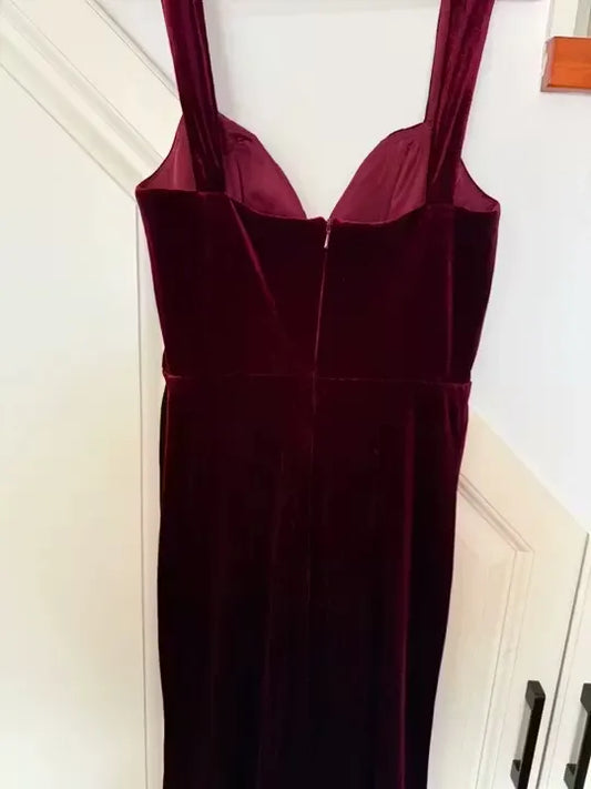 Mermaid Sweetheart Thick Straps Pleated Velvet Burgundy Floor Length Prom Dress