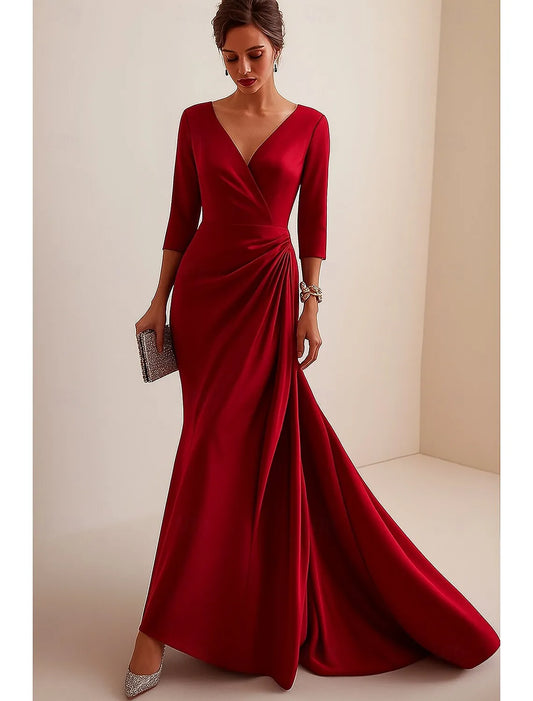 Mermaid V-Neck 3/4 Sleeve Ruched Satin Red Floor Length Prom Dress