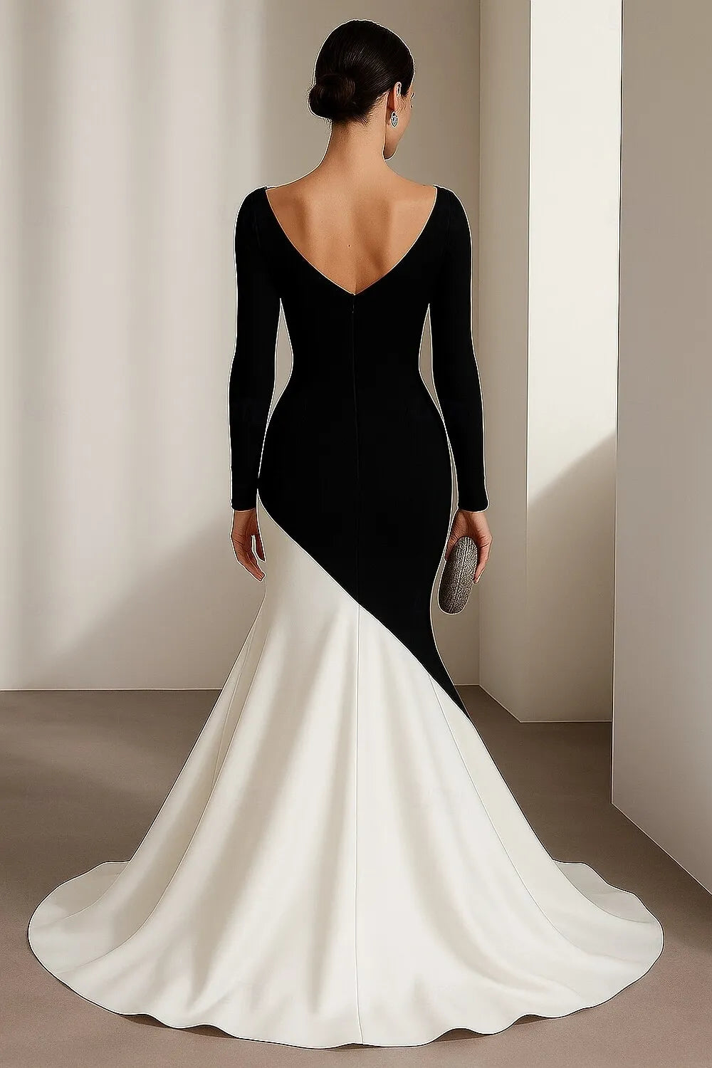 Mermaid V-Neck Long Sleeve Crystals Beaded Color Block Black White Evening Dress