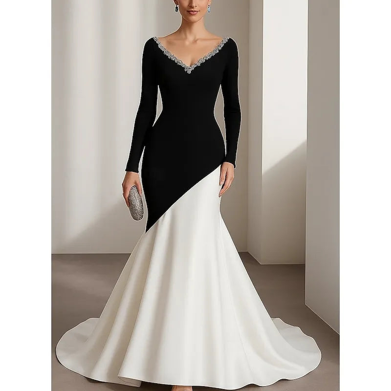 Mermaid V-Neck Long Sleeve Crystals Beaded Color Block Black White Evening Dress