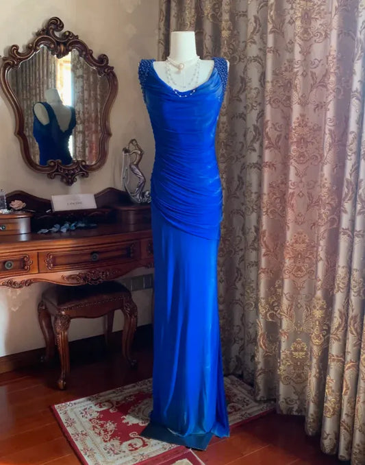 Mermaid Cowl Neck Beaded Pleated Royal Blue Maxi Evening Dress