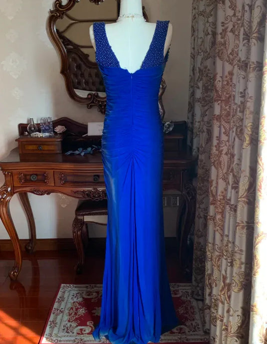 Mermaid Cowl Neck Beaded Pleated Royal Blue Maxi Evening Dress