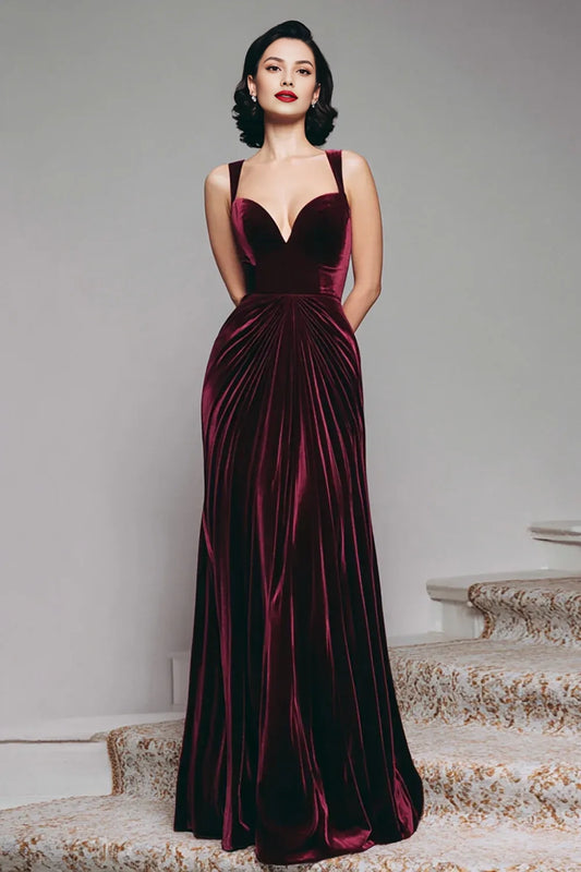 Mermaid Sweetheart Thick Straps Pleated Velvet Burgundy Floor Length Prom Dress