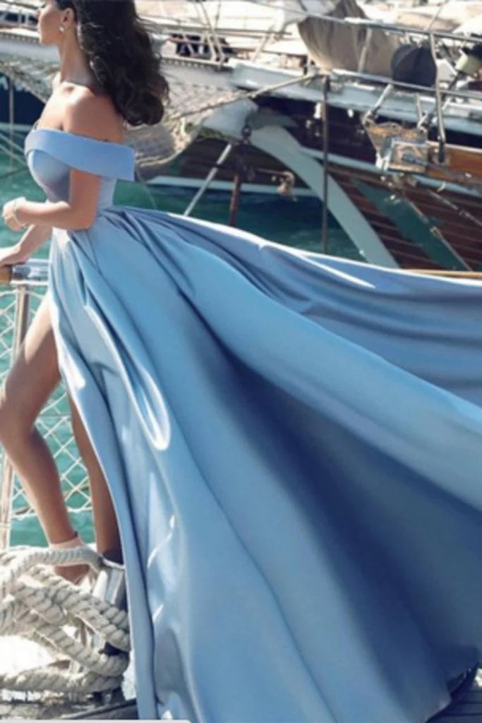 DingJiDress Evening Dresses Modest Off The Shoulder Blue Satin Long Prom Dresses