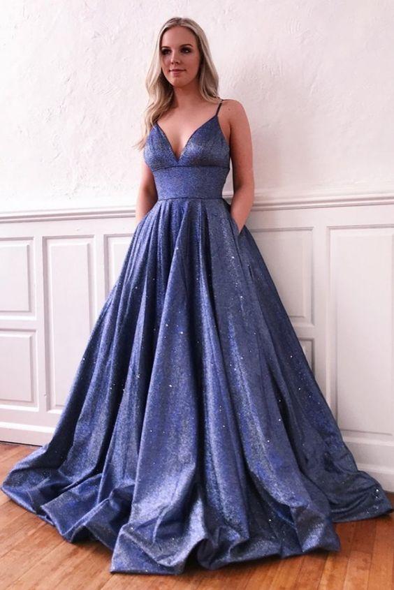 Modest Spaghetti Straps Blue V-neck Long Prom Dresses With Pockets