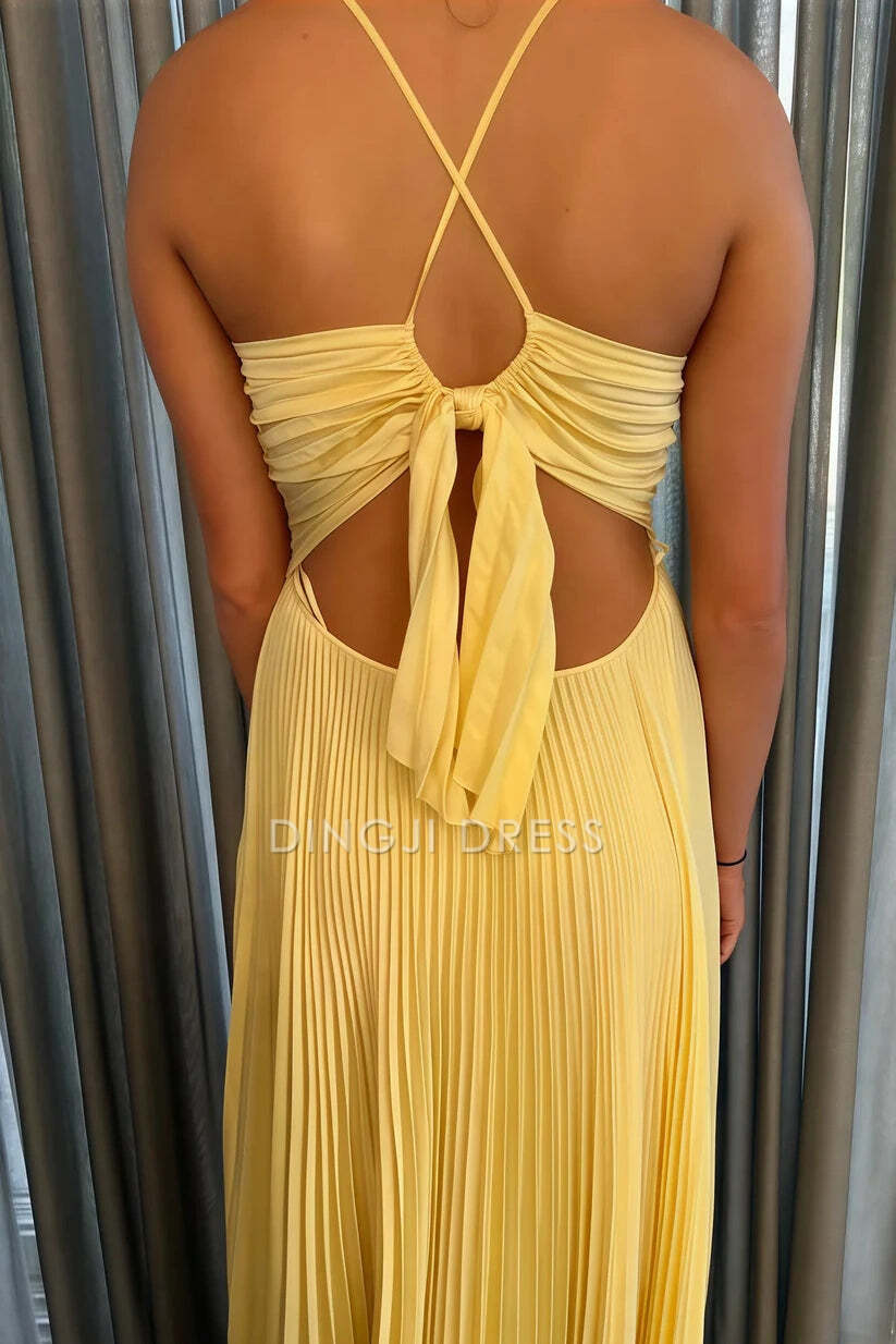 DingJiDress Formal Dress Modest A-Line V-Neck Spaghetti Straps Lace Up Pleated Party Fashion Prom Dress