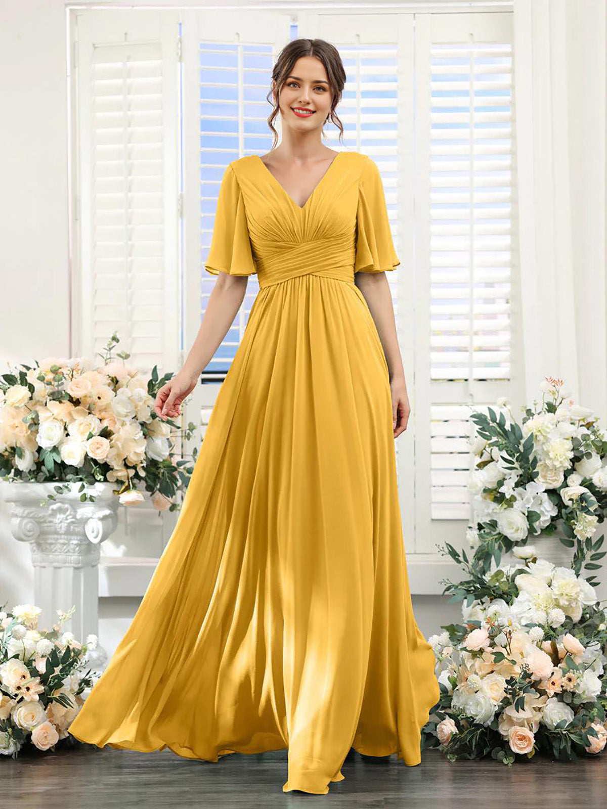 DingJiDress A-Line Bridesmaid Dress V-Neck Sleeve for Wedding Guest Long Formal Party Dresses with Slit