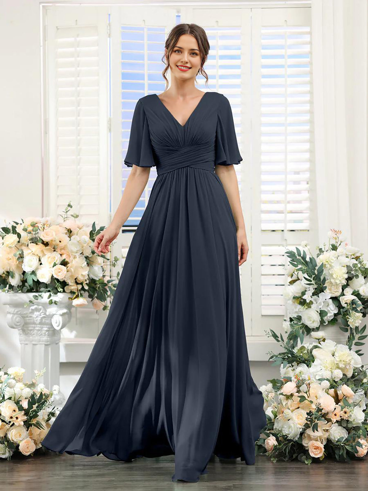 DingJiDress A-Line Bridesmaid Dress V-Neck Sleeve for Wedding Guest Long Formal Party Dresses with Slit
