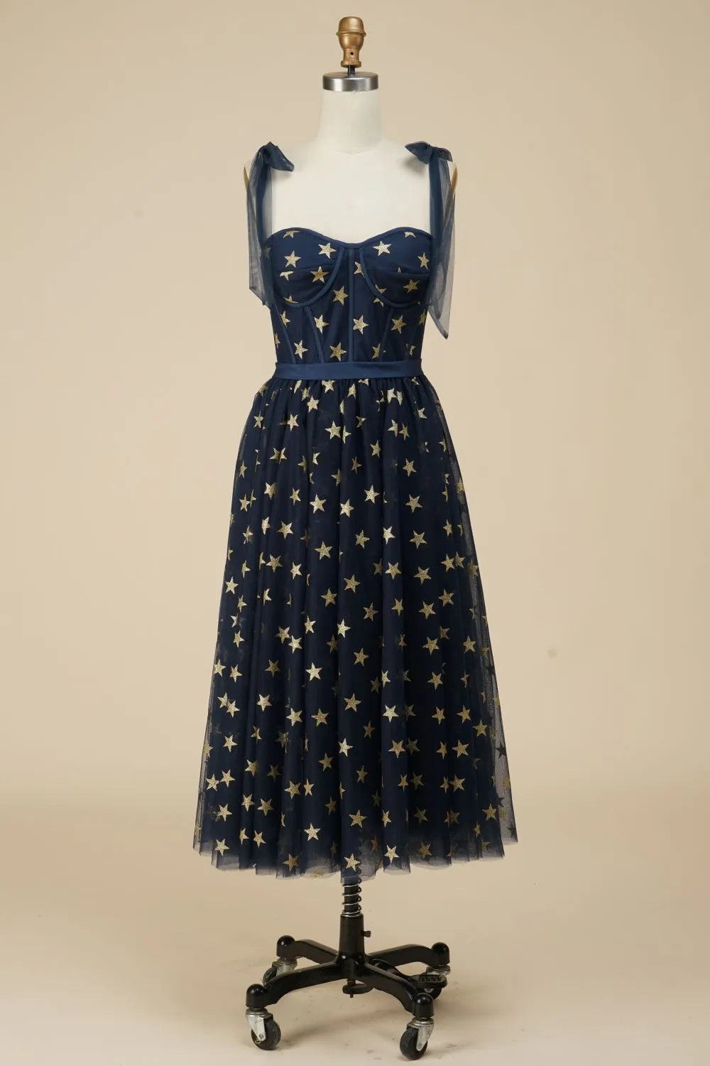 DingJiDress Navy A-Line Tea Length Party Dress WIth Star Pattern
