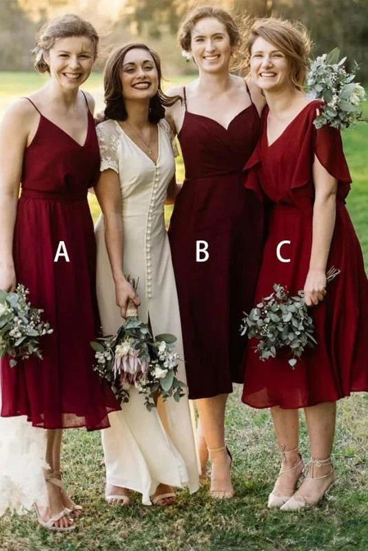 DingJiDress Bridesmaid Dresses Chiffon V Neck Knee Length Mismatched Burgundy