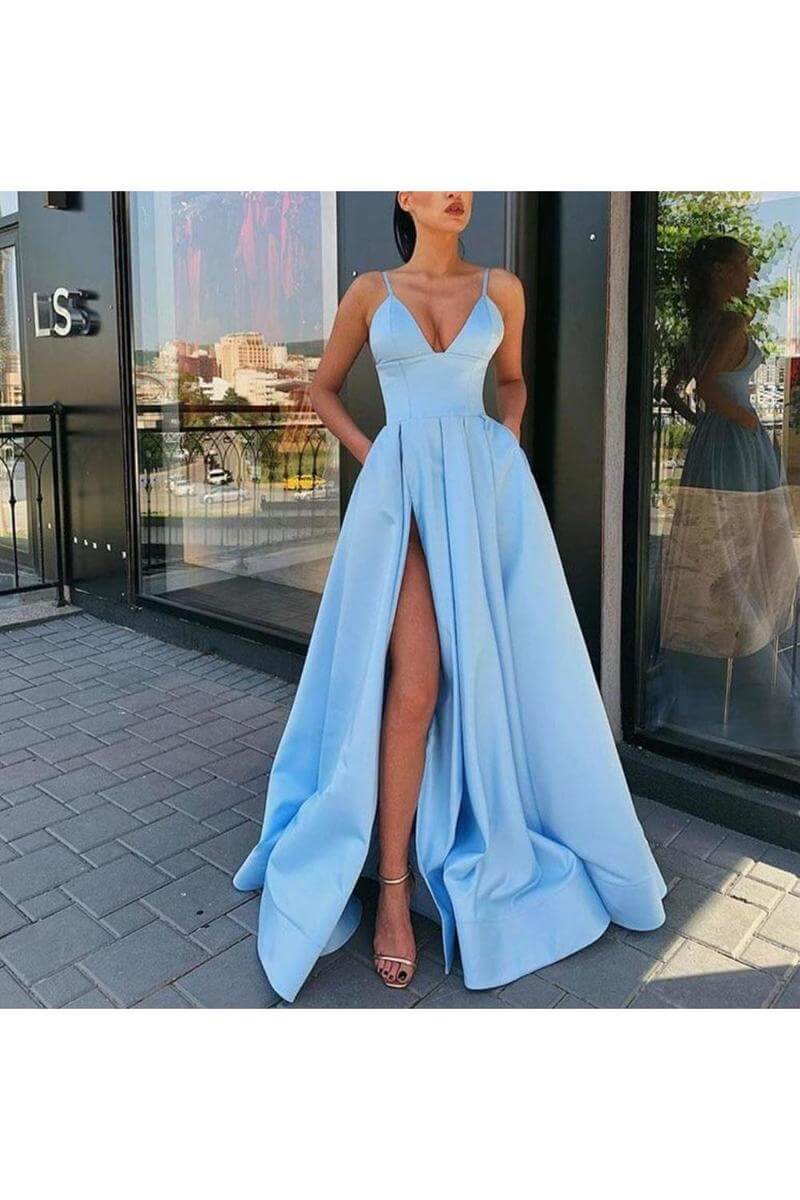 DingJiDress A Line Prom Dresses Satin Straps V Neck  With Pockets High Slit Formal Dress