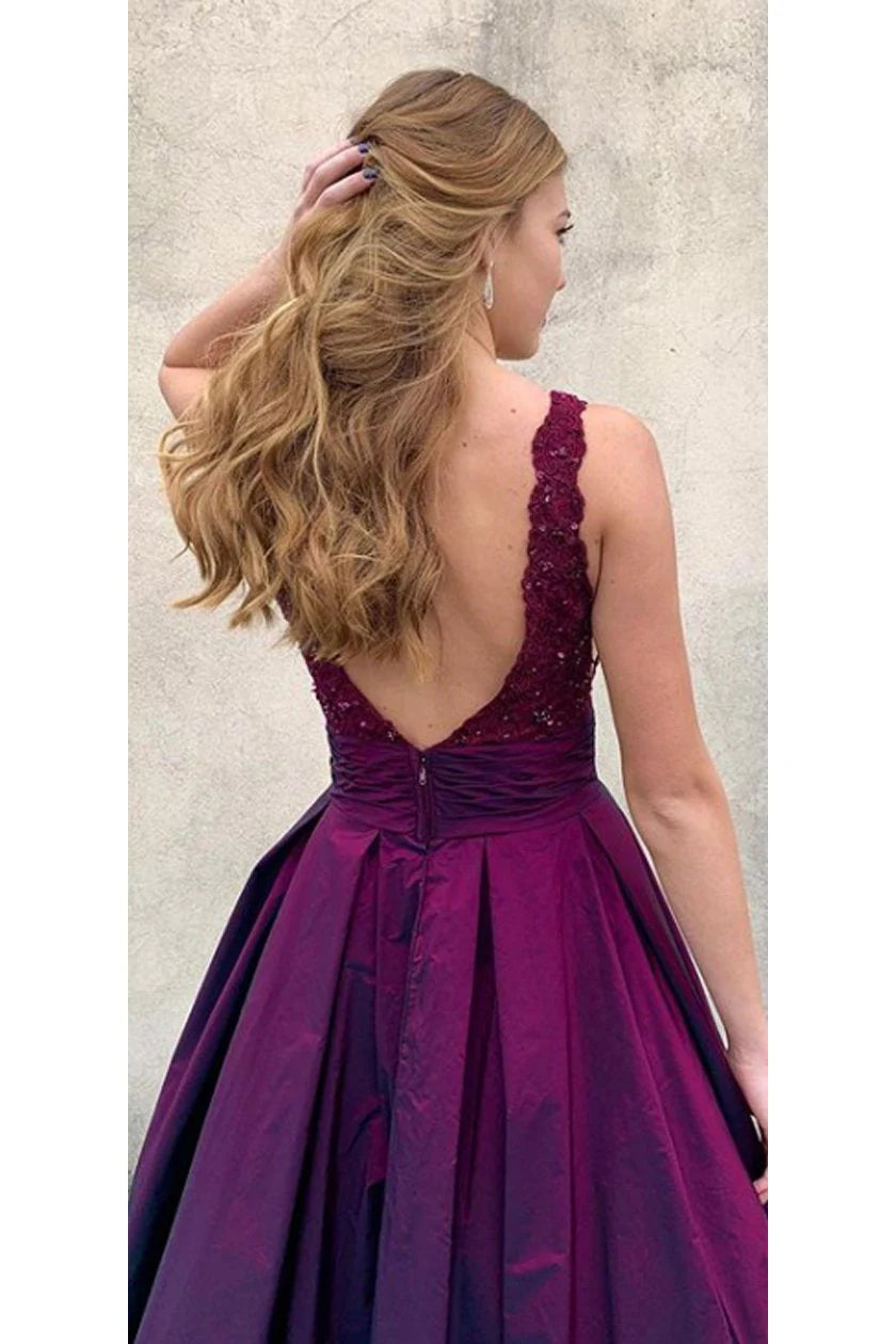 DingJiDress Prom Dresses A Line Backless V Neck Satin With Applique