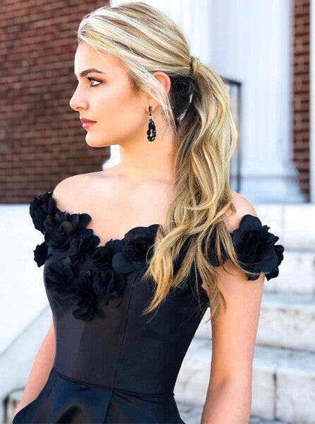 DingJiDress Prom Dresses Off The Shoulder Split Black  A Line Satin With Pockets