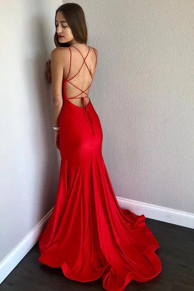 DingJiDress Evening Gowns New Fashion Mermaid Red Straps Backless Prom Dress Open Backs