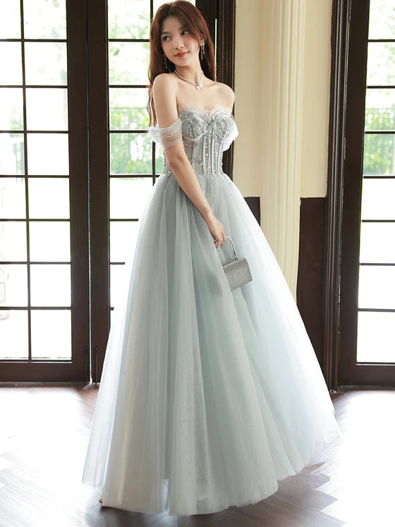 Sliver Grey Tulle Beaded Straps Long Party Dress, Grey Tulle Formal Dress