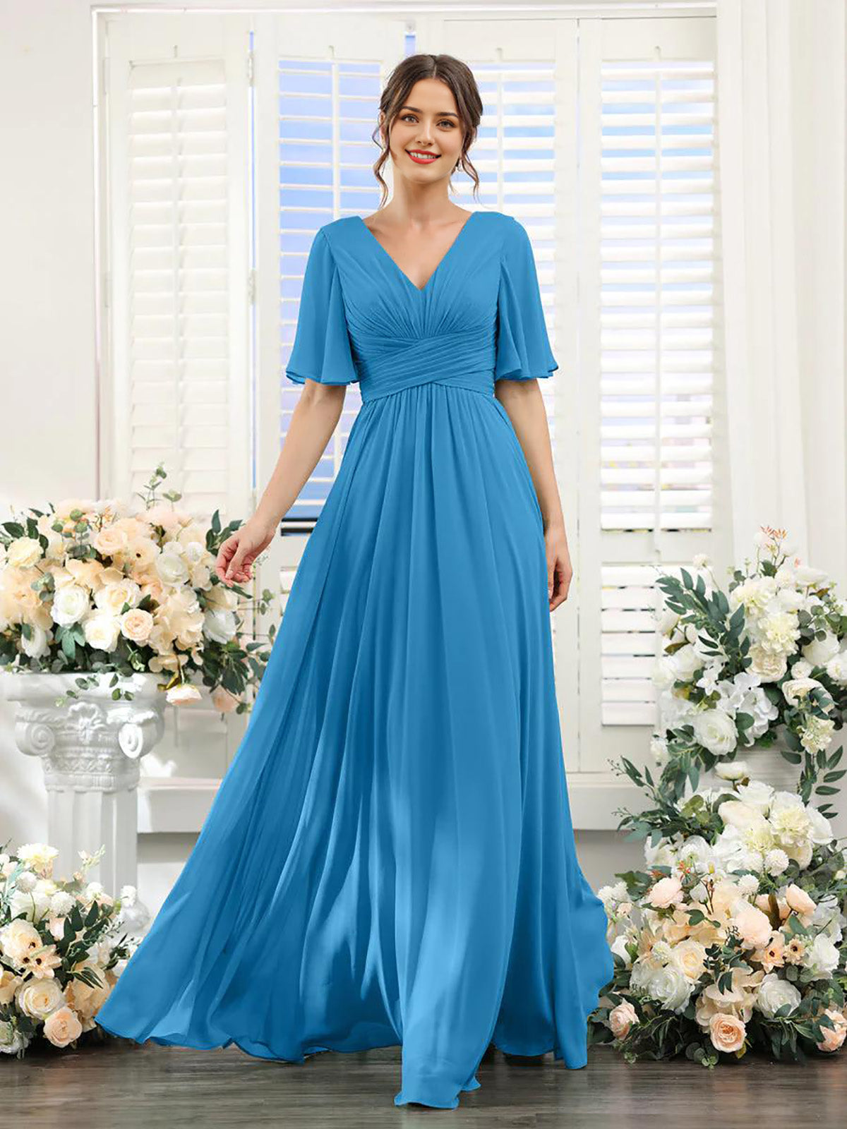 DingJiDress A-Line Bridesmaid Dress V-Neck Sleeve for Wedding Guest Long Formal Party Dresses with Slit