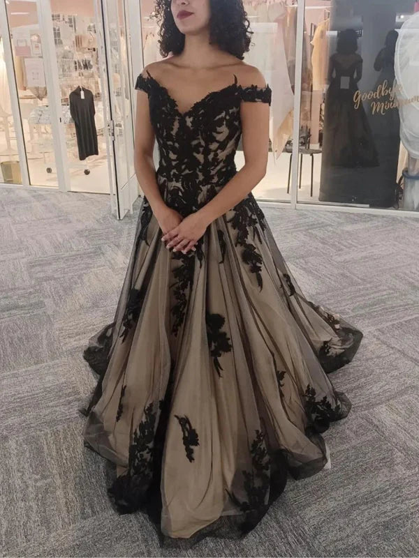 DingJiDress Off the Shoulder Applique Tulle A-line Black Wedding Dresses