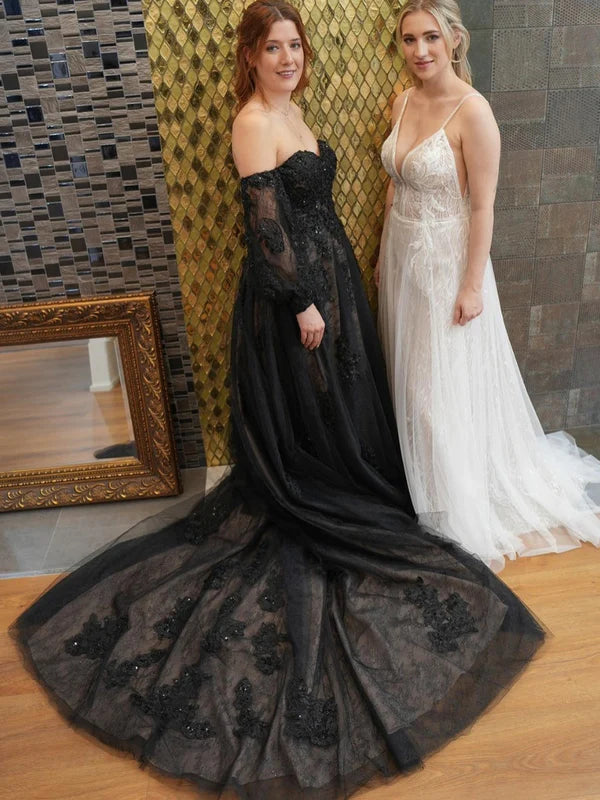 DingJiDress Off The Shoulder Long Sleeves Alternative Black Wedding Dresses