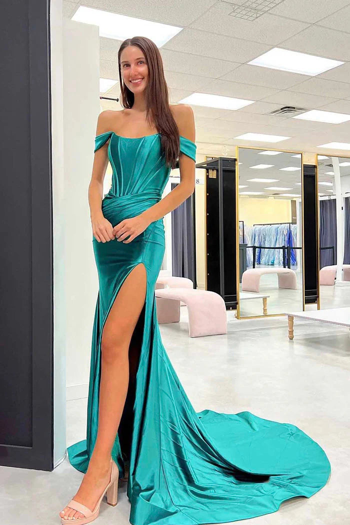 DingJiDress Satin Prom Dresses Mermaid Off The Shoulder With Slit