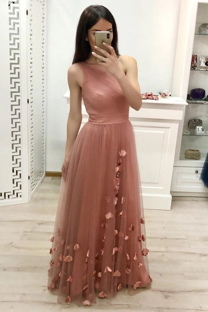 DingJiDress Long Evening Dress One Shoulder A Line Tulle Floor Length Prom Dresses