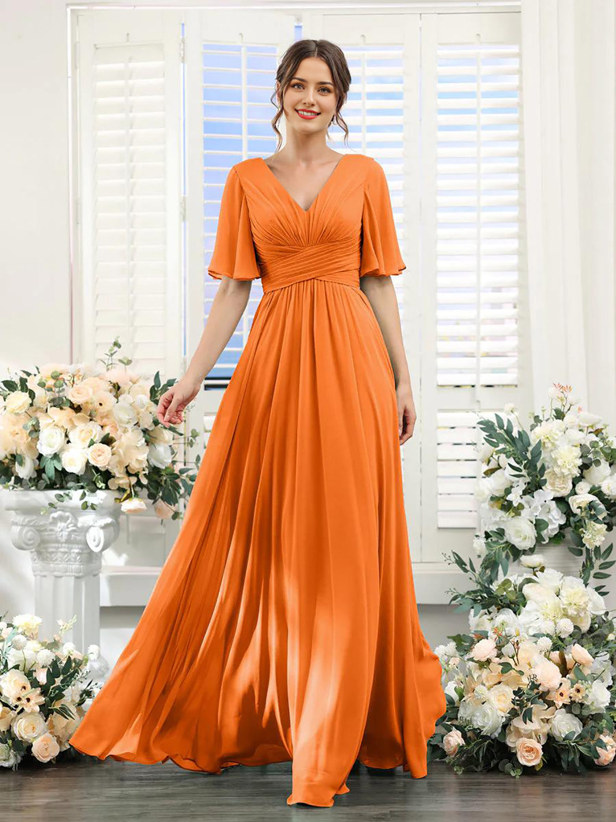 DingJiDress A-Line Bridesmaid Dress V-Neck Sleeve for Wedding Guest Long Formal Party Dresses with Slit