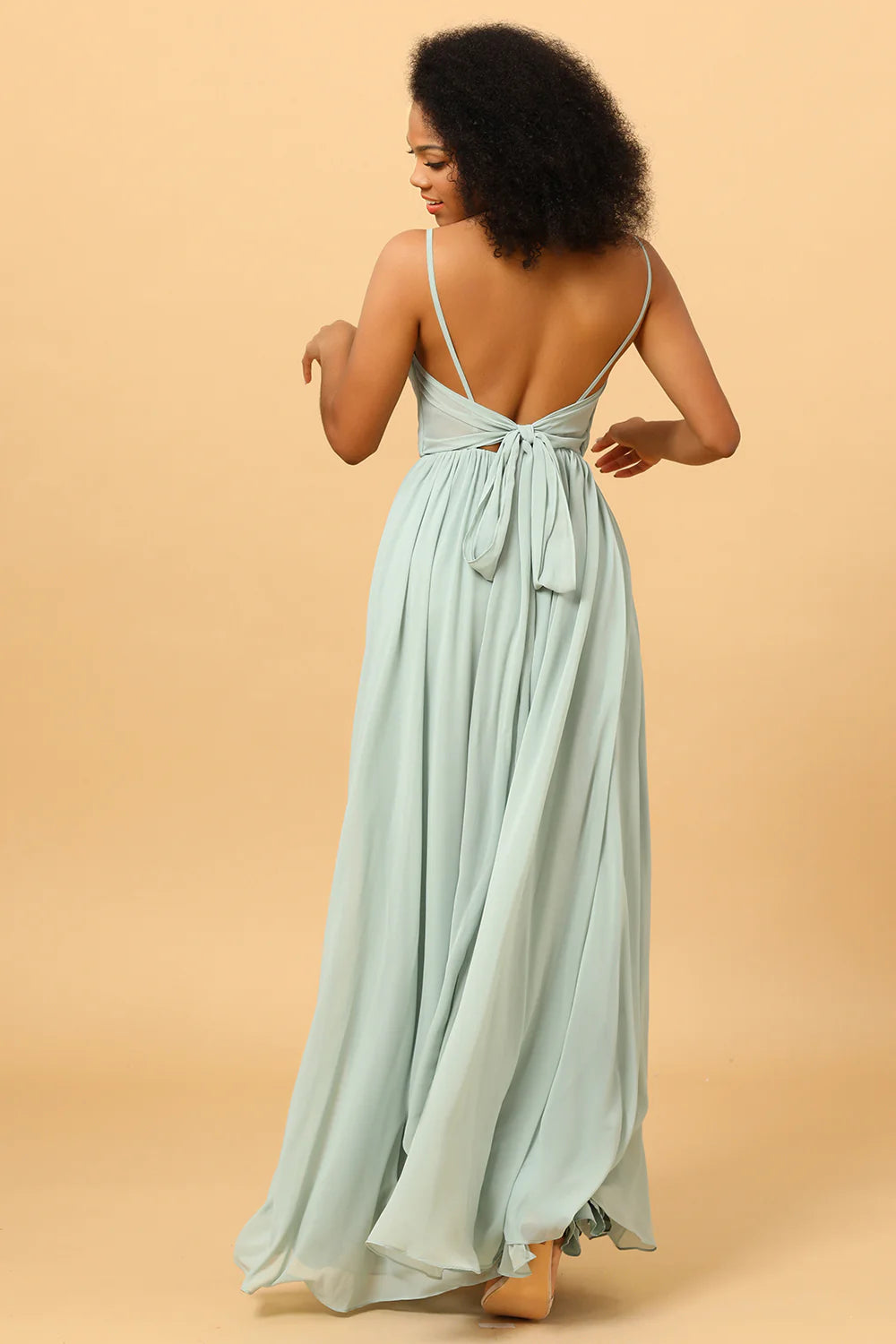 DingJiDress Elegant Ruched Long Chiffon Light Green Bridesmaid Dress with Slit