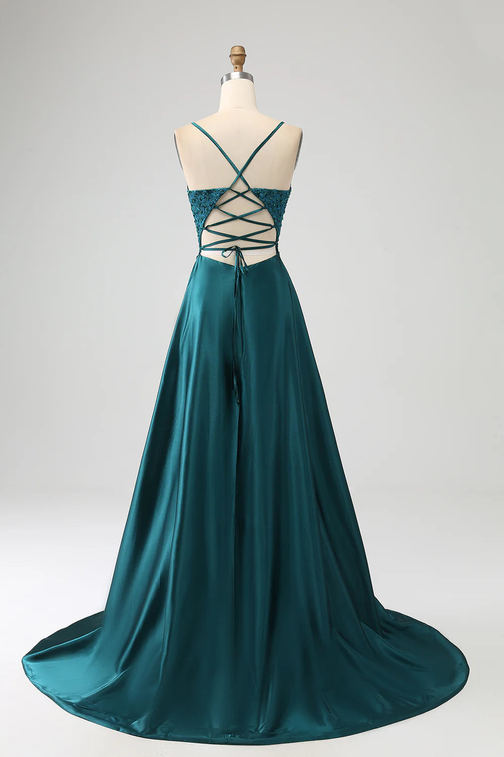 DingJiDress Peacock Green A-Line Spaghetti Straps Long Prom Dress with Slit