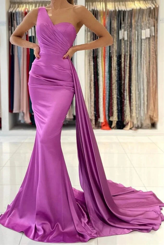DingJiDress Sexy Formal Dresses Pink Mermaid Satin One Shoulder Ruched Shawl Trumpet Prom Dresses