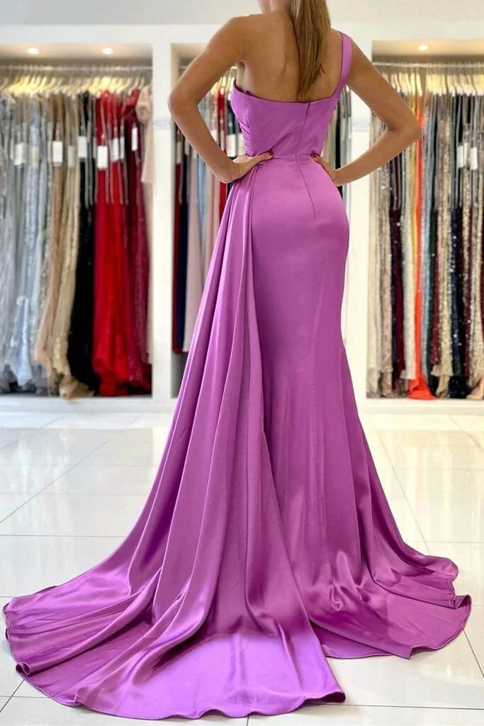 DingJiDress Sexy Formal Dresses Pink Mermaid Satin One Shoulder Ruched Shawl Trumpet Prom Dresses
