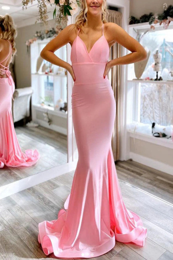 Evening Dress Mermaid Spaghetti Straps Prom Dresses Satin Lace Up Sweep Train