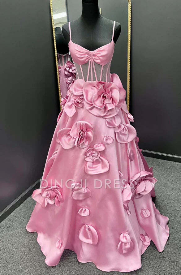 DingJiDress Formal Dress Exquisite A-Line V-Neck Spaghetti Strap Sleeves 3D Florals Party Unique Prom Dress