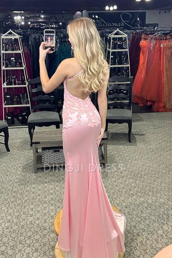 DingJiDress Formal Dress Fashion Mermaid V-Neck Spaghetti Straps Appliques Backless Sexy Prom Dress